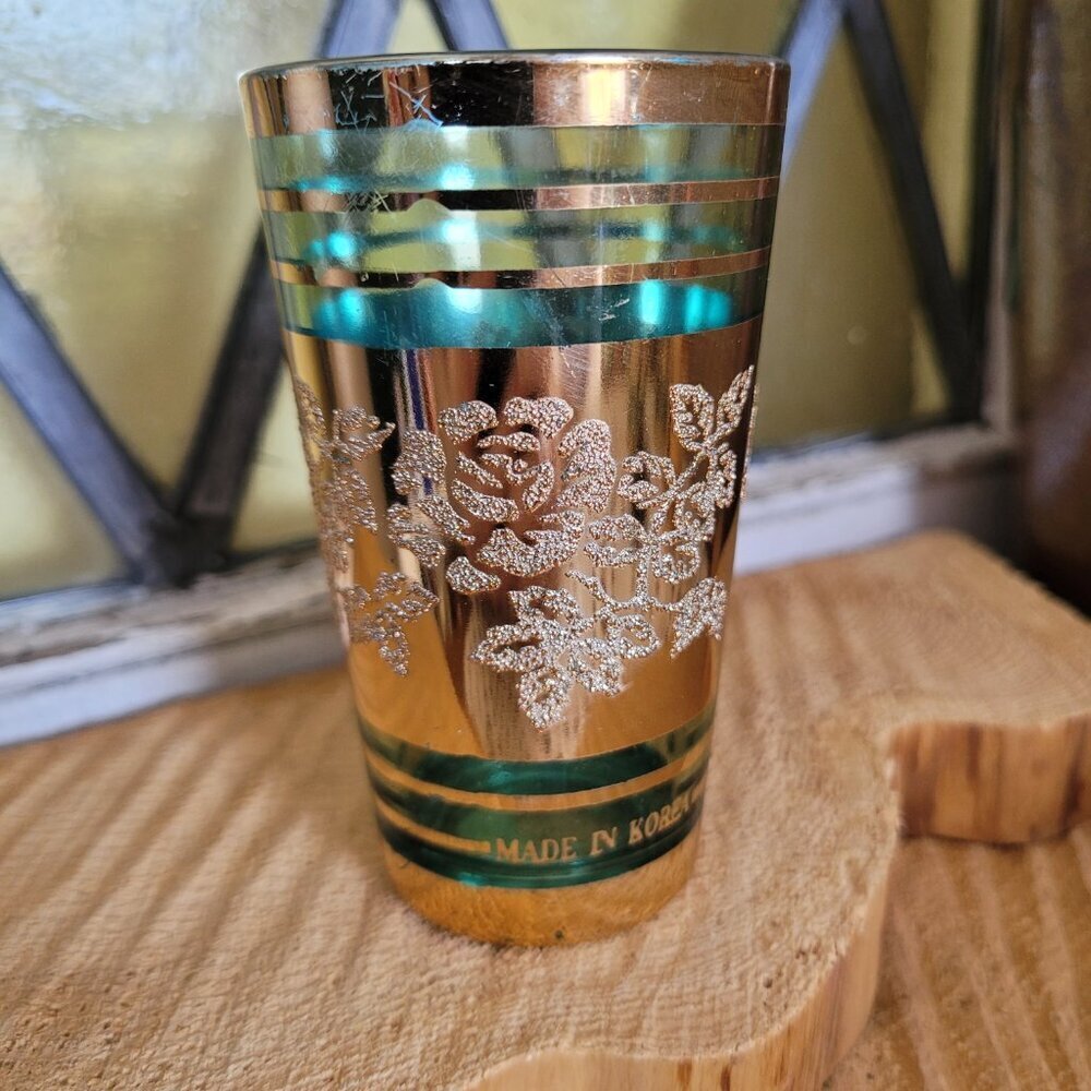 12 Vintage Drinking Glasses from Korea - Orange, Turquoise & Gold Roses - Picture 12 of 15